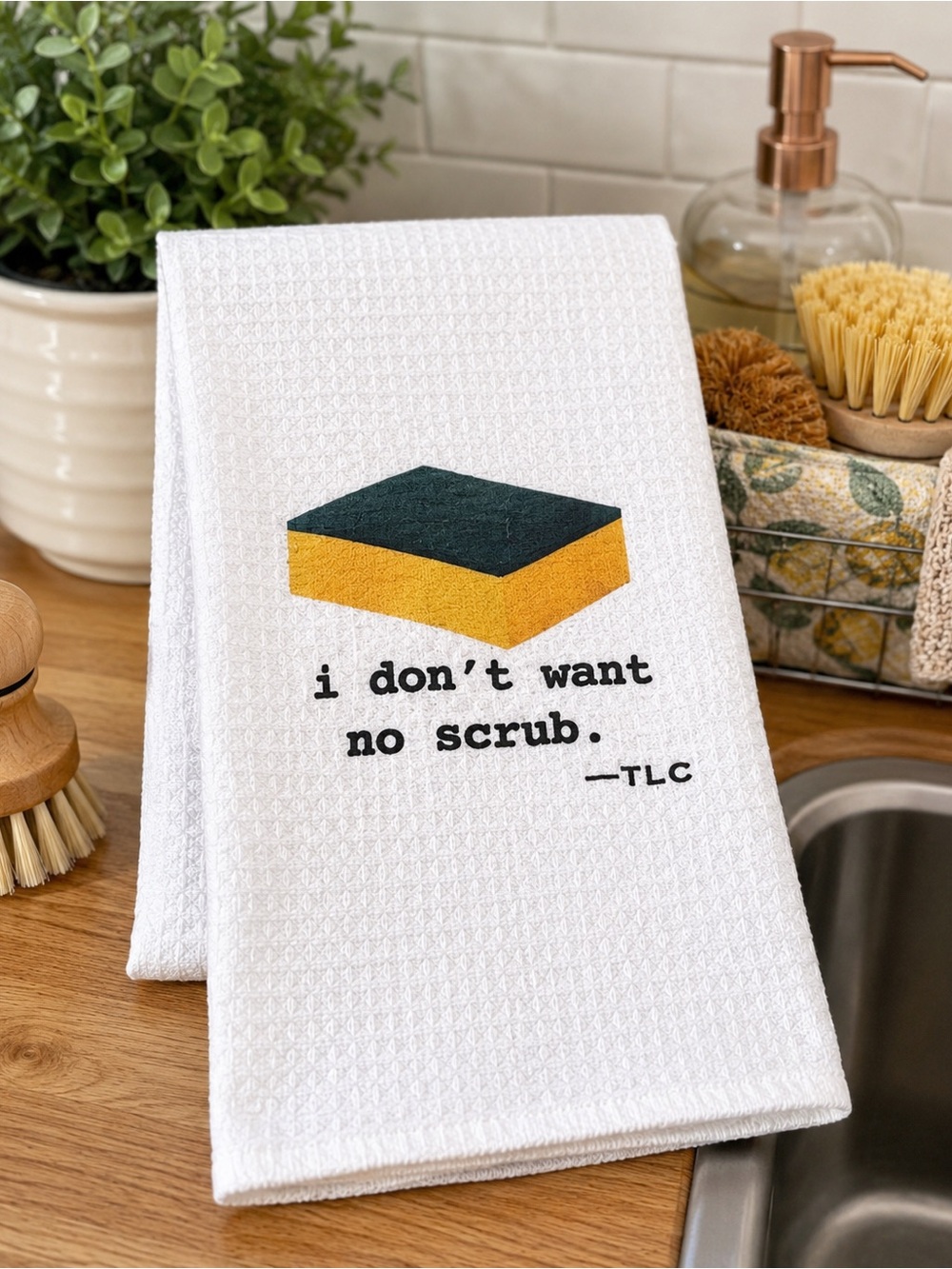 TLC White Kitchen Towel with Yellow and Dark Green Sponge Graphic